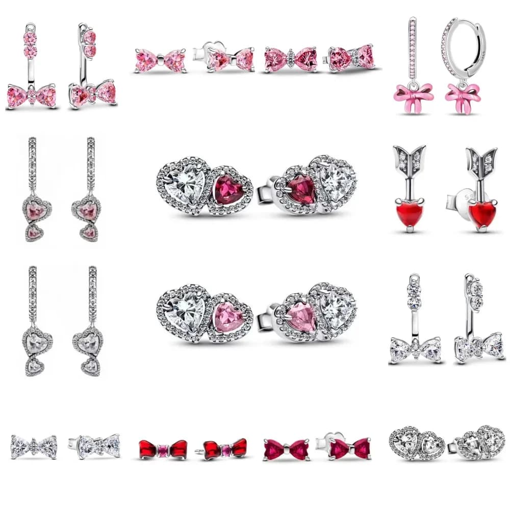 Nuovi orecchini europei in argento 925 con pietra bianca rosa e fiocco rosso, regali di gioielli con fascino squisito per il festival delle donne
