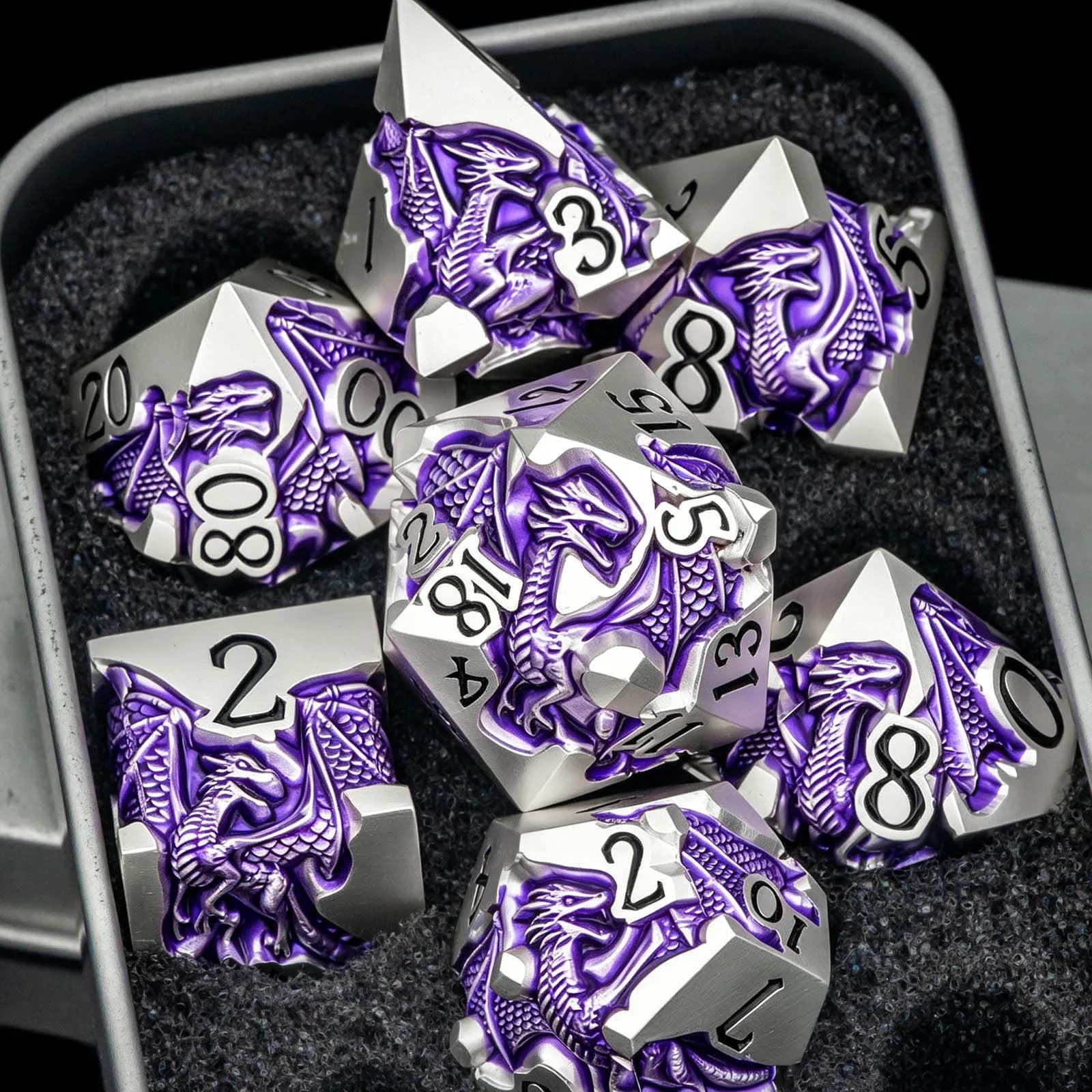 Dragon Dice Set DND for Role Playing Game, Metal Dice Set D&D Dungeons and Dragons, Polyhedral Dice D20 D12 D10 D8 D6 D4, Purple
