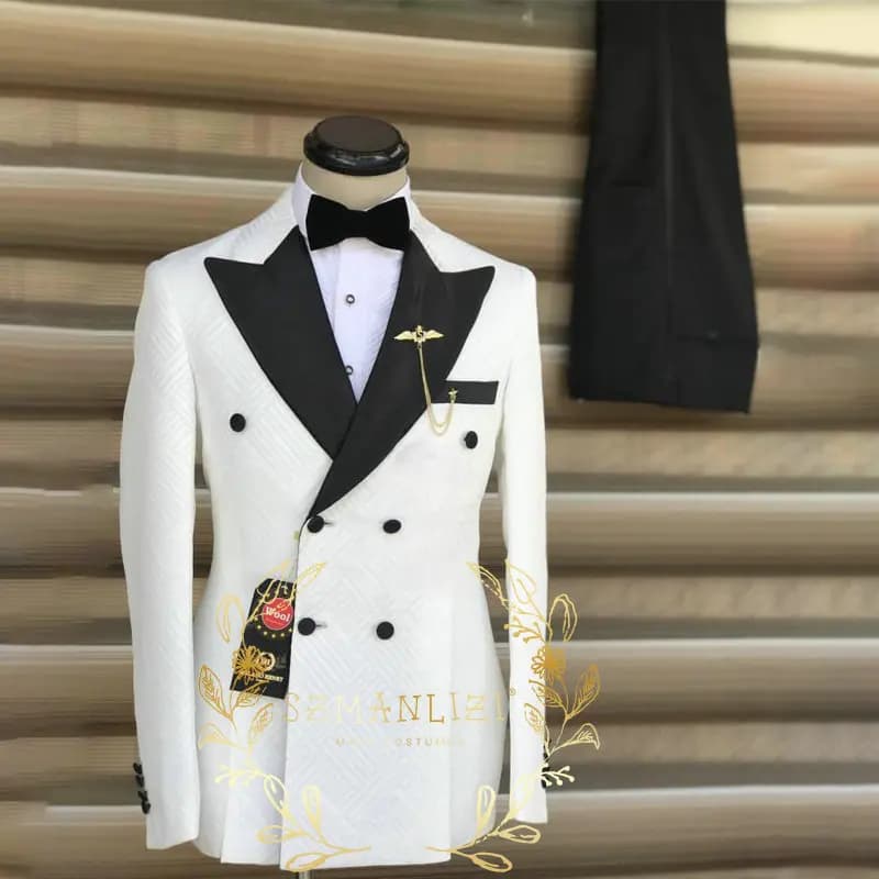 White Plaid Double Breasted Wedding Men Suits For Groom Tuxedo 2 Pcs Peaked Lapel Slim Fit Male Party Suit Jacket Pants