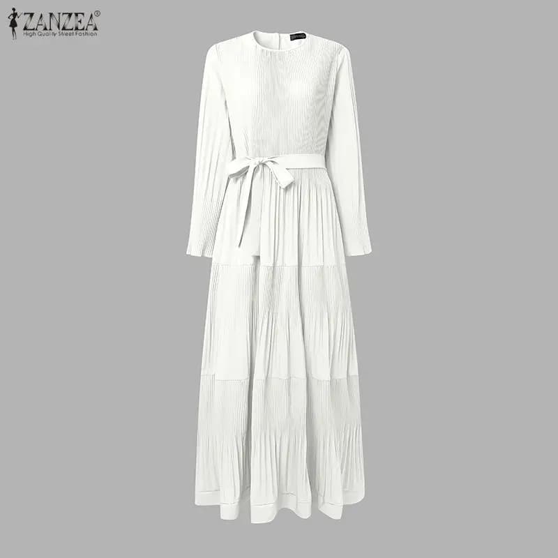 Elegant Muslim Dress Abaya ZANZEA Spring Woman Long Sleeve Islamic Dress Dubai Hijab Dresses Tinta Unit Plissettato Work Dress Ramadan Summer Dress