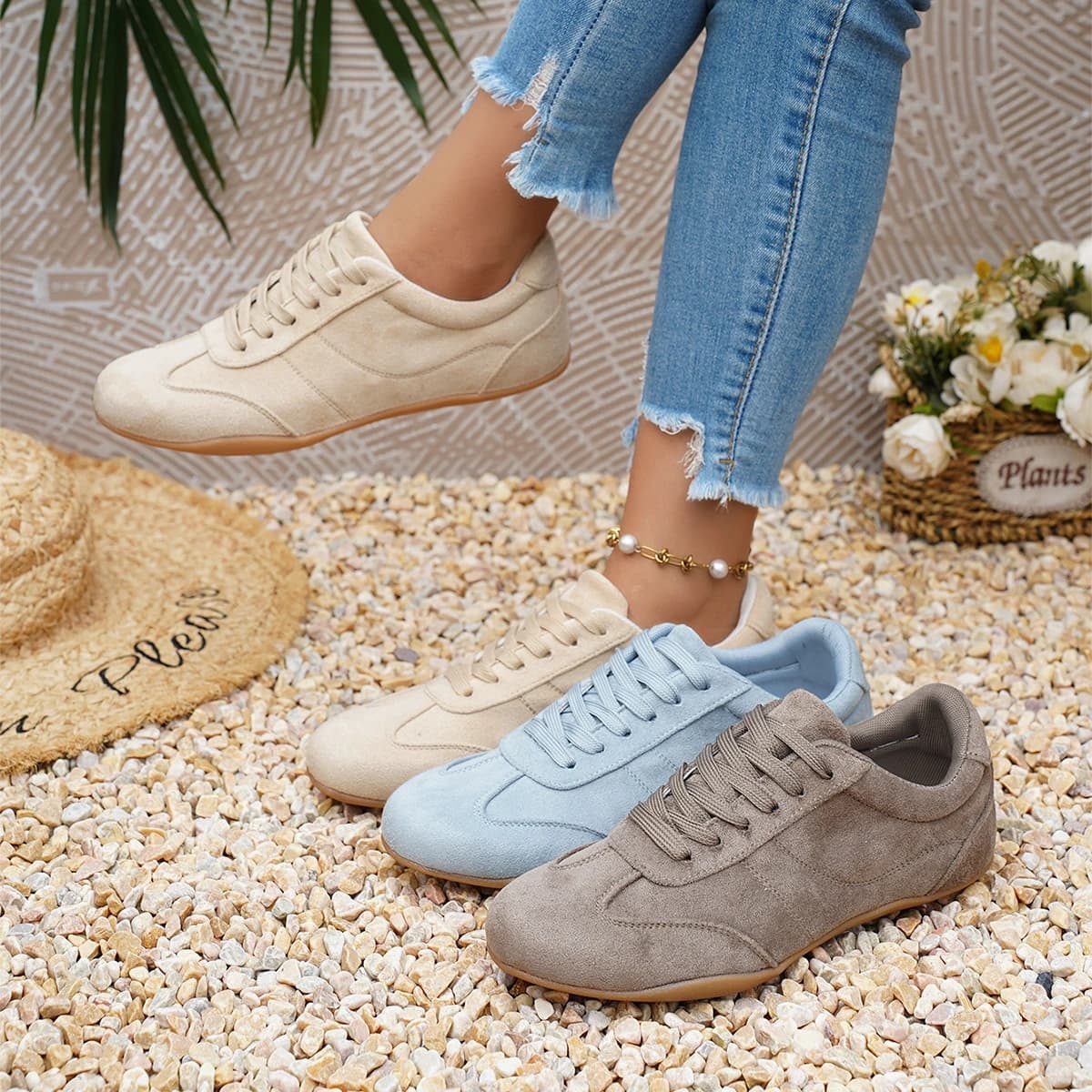 Sneakers da Donna in Pelle Scamosciata Naturale con Lacci, Nuova Collezione 2026, Punta Rotonda, Morbide e Comode, Scarpe Casual da Esterno per Guida/Passeggio