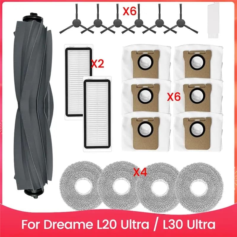 Kit Accessori A20F per Robot Aspirapolvere Dreame L20 Ultra / L30 Ultra: Spazzola Principale, Spazzole Laterali, Filtro HEPA, Panni per la Pulizia, Sacchetti Raccoglipolvere