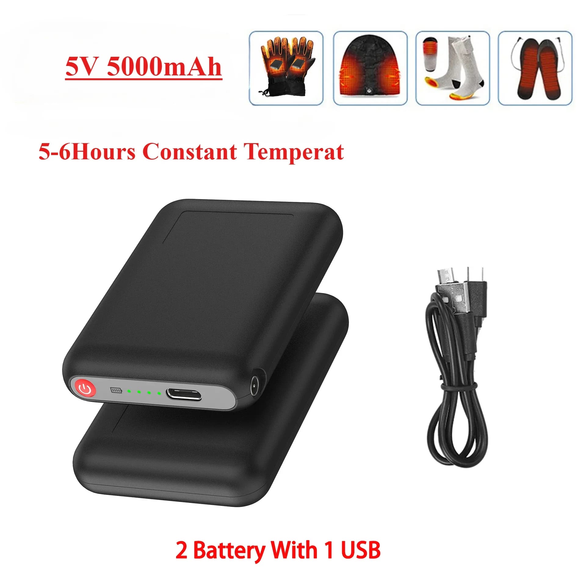 Batteria ai polimeri di litio di tipo C 2A Batterie per calzini riscaldati invernali con USB per guanti caldi Vestiti Cappello Caricatore portatile Power Bank
