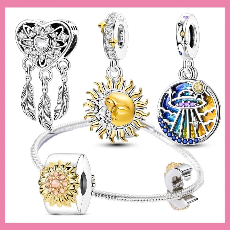 Sterling Silver 925 Bright Sun Charms Dazzling Stone Sun Dreamcatcher Beads Fit Original Bracelet for Women Diy Jewelry Gifts