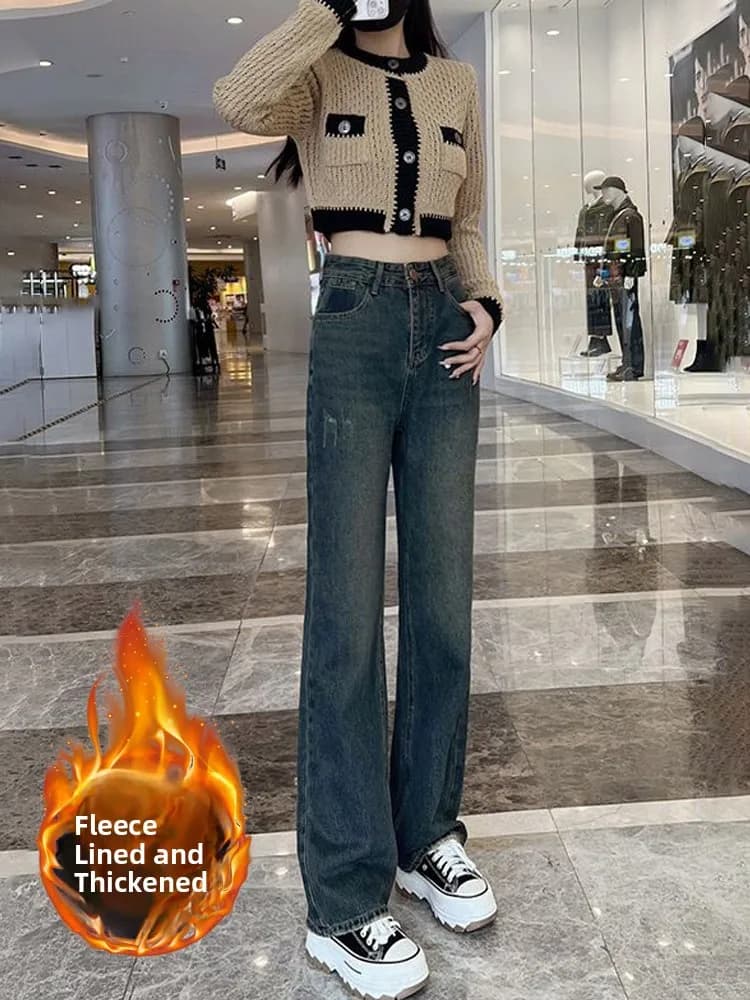 High Waist Fleece Lined Wide Leg Jeans Women's 2024 New Embroidered Slim Fit Straight Cut Trousers Thick Winter High Waist