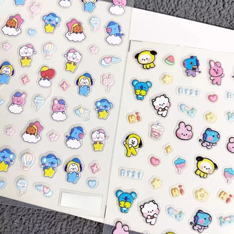 BT21 Cooky Tata Koya RJ Shooky Man Chimmy Adesivi Decorativi Tridimensionali per Unghie, Cover per Telefono, Bottiglia d'Acqua, Regalo