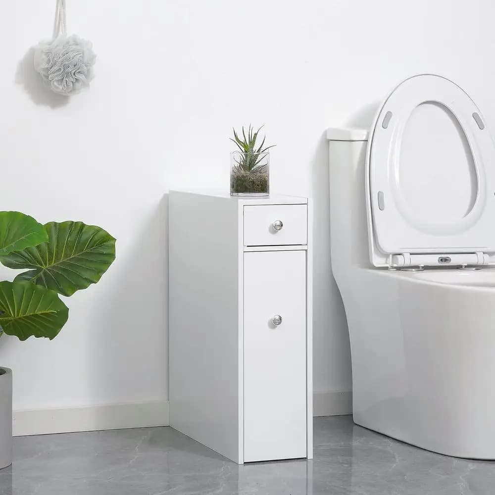 Organizzatore da bagno salvaspazio, mobiletto stretto autoportante con porta carta igienica e ripiani, bianco