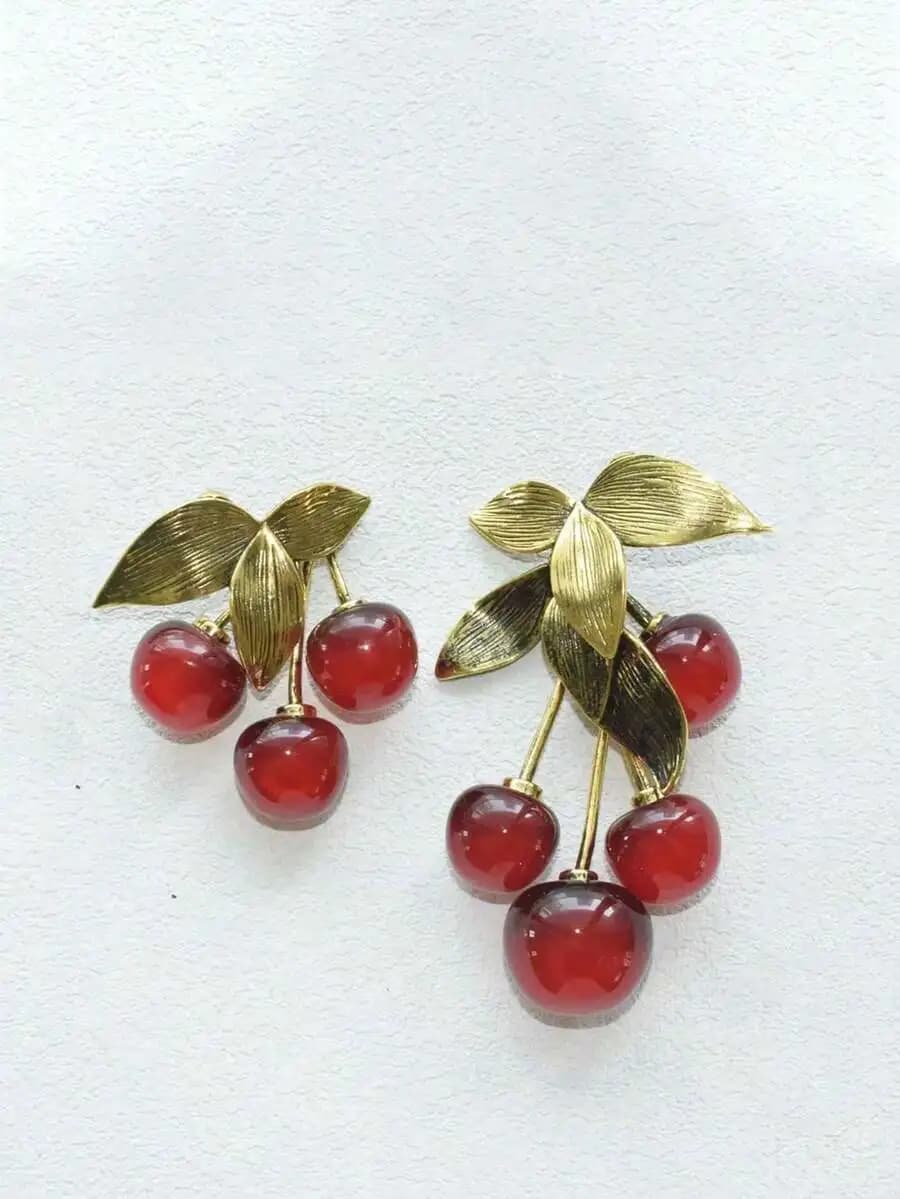 Red Resin Cherry Earrings With Gold Tone Leaves For Women Party Gift