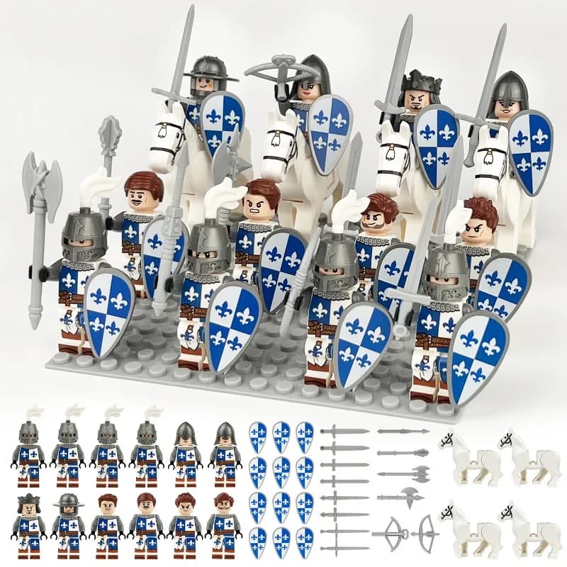 Corpo dei Cavalieri Medievali, soldati medievali, blocchi da costruzione militari, soldati romani, accessori cavallo bianco, mini action figure giocattolo.