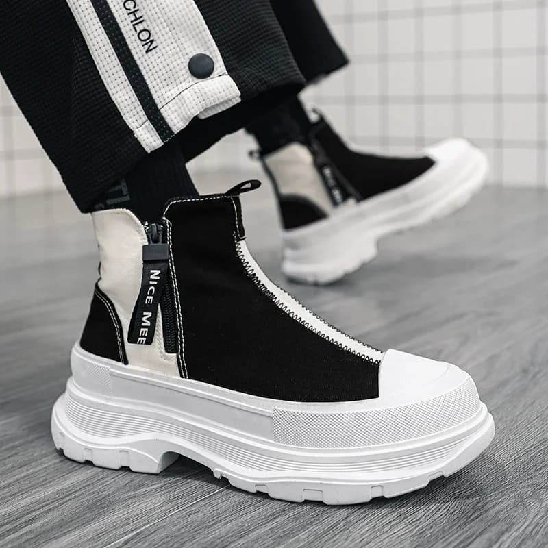 Autunno Uomo Casual Sneakers Tela Stivaletti con plateau grosso Scarpe da ginnastica patchwork con zip alta Scarpe sportive traspiranti maschili 38-44