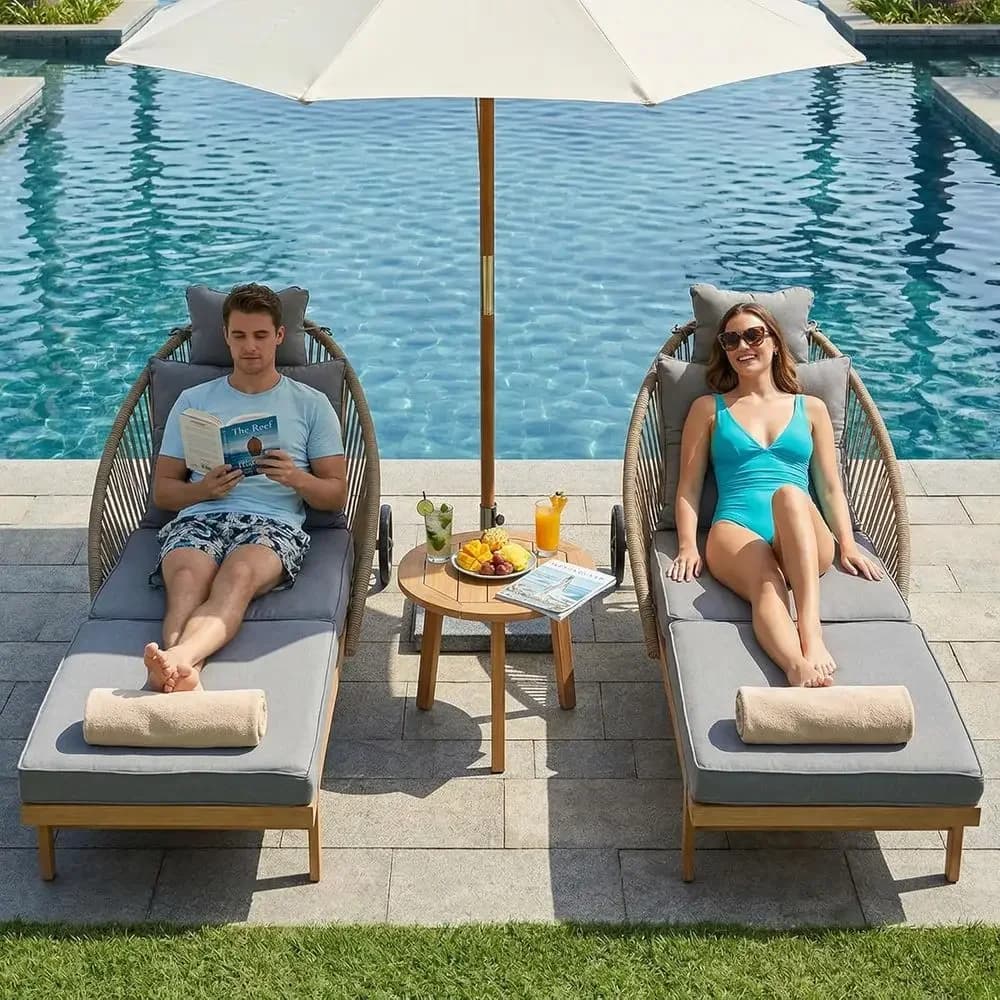 Set di 2 Chaise Longue da Esterno, Sdraio Oversize con Cuscini, Sedie a Sdraio con Ruote per Piscina, Resistenti alle Intemperie