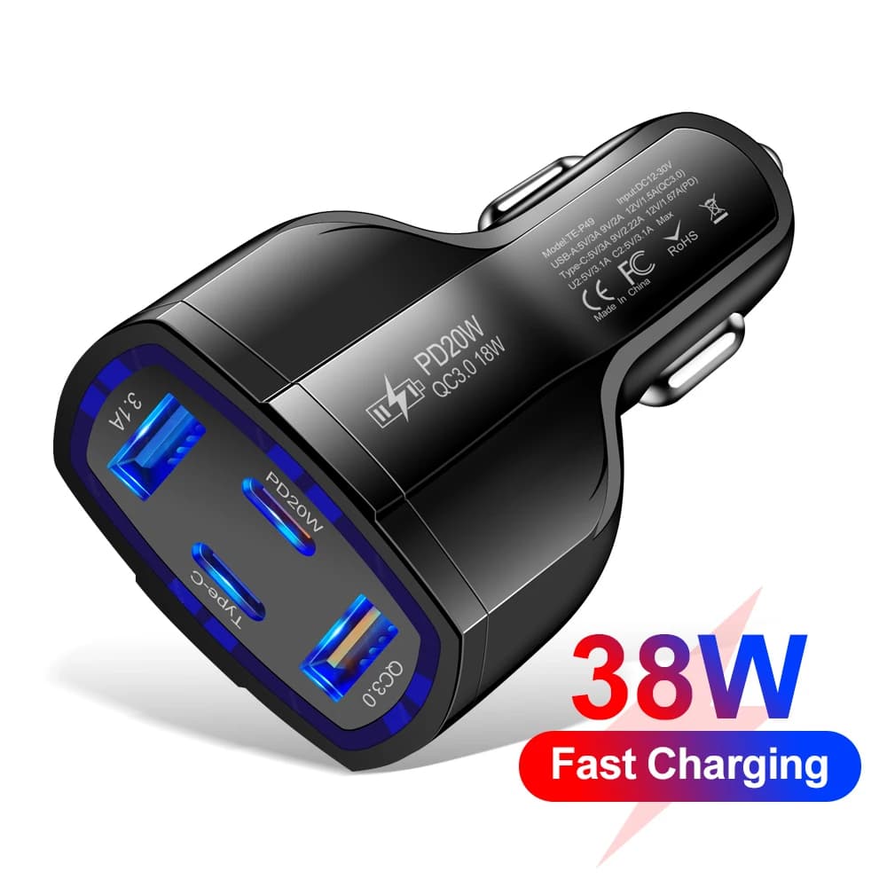 Caricabatteria da auto PD + Type-c da 38 W QC3.0 USB 3.1A Caricabatteria da auto a ricarica rapida Ricarica rapida Uno per quattro Caricabatteria da auto multiporta universale