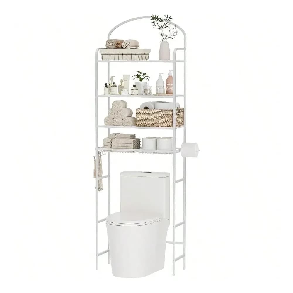 Organizzatore da bagno sopra il WC, salvaspazio, scaffale con 4 ganci e porta carta igienica, mensola in metallo, bianco