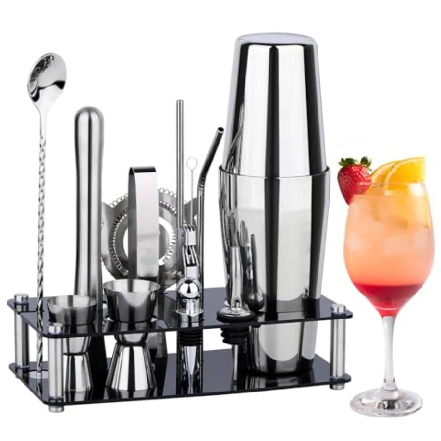 Set Shaker per Cocktail, Kit da Barman: Set di 15 Utensili da Bar con Supporto in Acrilico, Set Completo di Accessori Pratici per Bevande