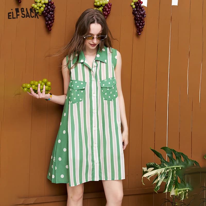 ELFSACK Abito senza maniche a righe con pois, abito chemisier con bottoni ricamati con cartoni animati, abito casual vintage a trapezio per donna
