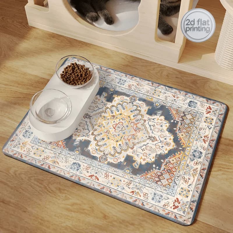 [Dog Food Mat] Quick- Absorbent Cat Food Mat & Dog Bowl Mat with Persian Floral & Geometric Pattern | Non-Slip Dog Placemat Pet