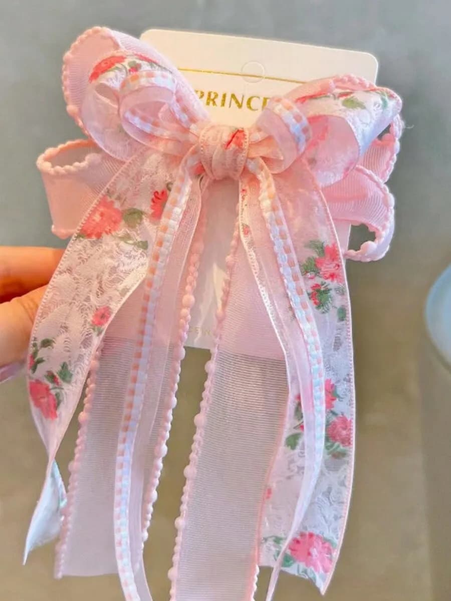 1pc Girls Fresh Sweet Mesh Printed Ribbon Bow Hair Clip