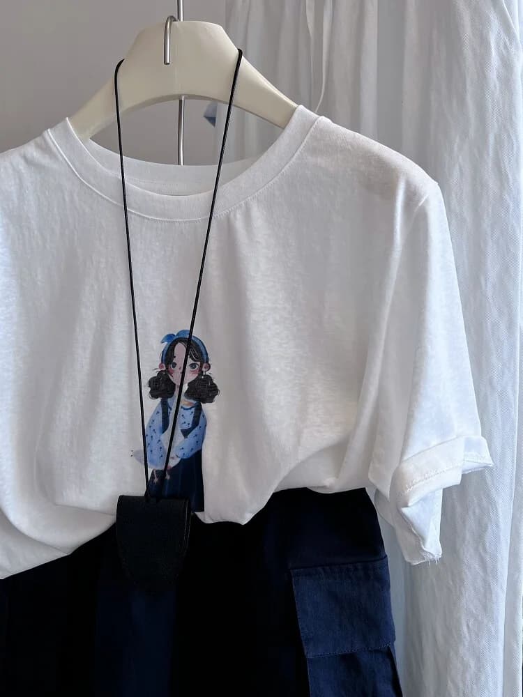 Cool Breathable Snowflake Cotton Short Sleeve T-Shirt Women's Summer Tee Korean Style Loose Fit Creative Cartoon Print
