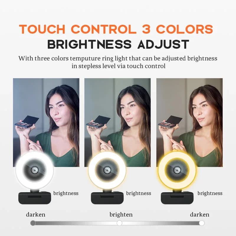 Webcam 2K con Autofocus e Luce ad Anello, Fotocamera USB per Streaming con Flash Integrato