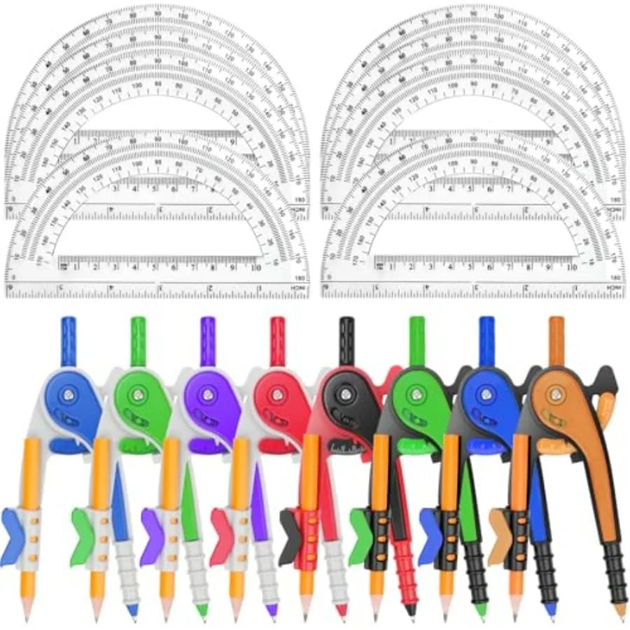 Pack Math Compass and Protractor Set Geometry Math 6 Inch Plastic Drawing Compass with Pencils Protractor for Geometry Bulk for
