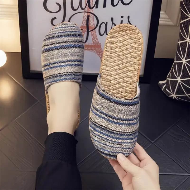 Japanese Style Linen Slippers Soft Flat Bottom Home Use Silent Cotton Linen Unisex Head Cover Moon Sandals for Home Use