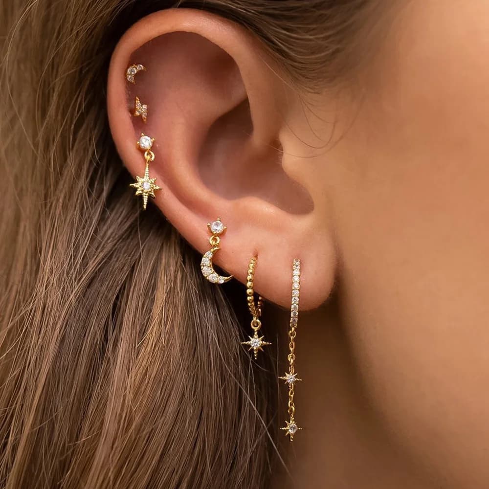 6PCS New Design Gold Color Hoop Earrings Set for Women Zircon Star Moon Chain Piercing Earrings Helix Tragus Piercing Jewelry