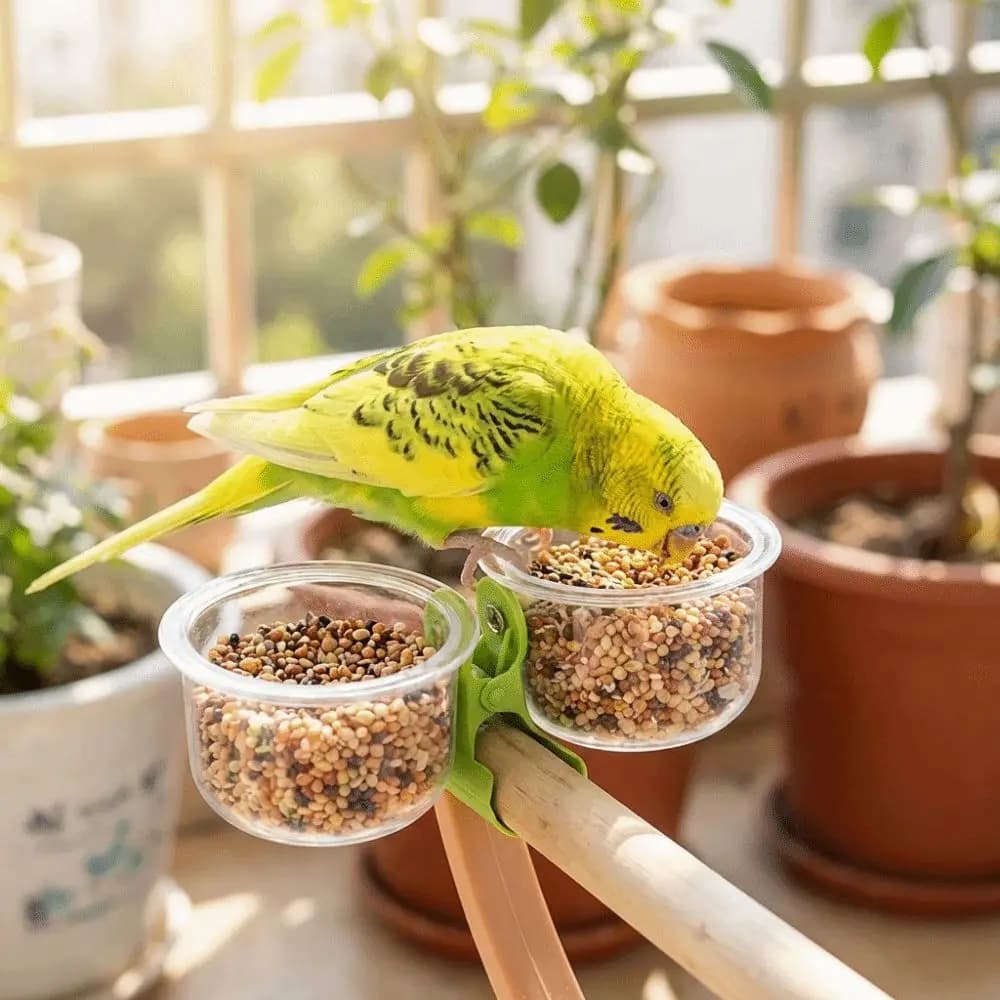 Supporto per Uccelli Trasparente con Clip, Mangiatoia Antiscivolo per Pappagalli, Ciotola per Cibo, Bacchetta per Alimentazione, Mangiatoia in Plastica per Uccelli Domestici, Pappagalli