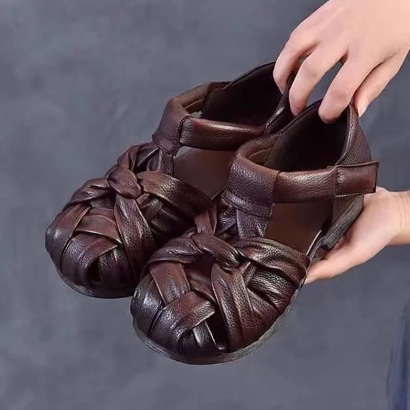 2025 Estate Vera Pelle Retro Fondo Morbido Velcro Baotou Sandali Tessitura Romana Testa Strato di Pelle Bovina Scarpe da Donna Scarpe da Mamma