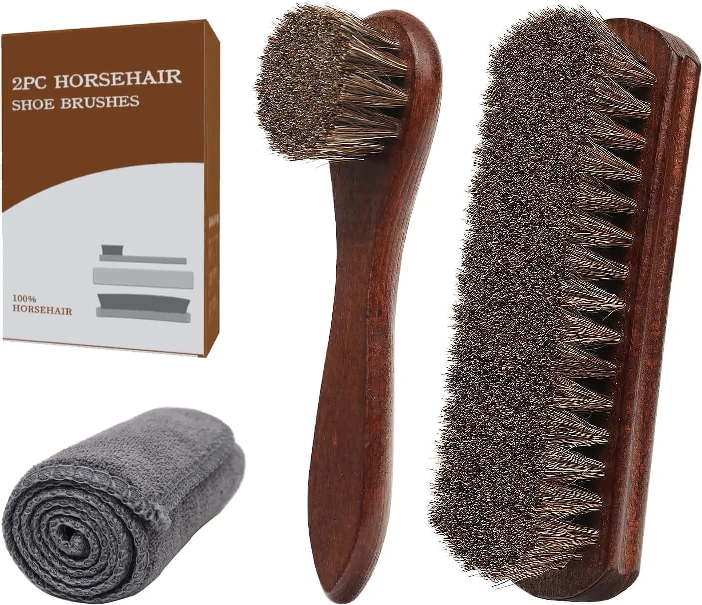 Kit Spazzola per Scarpe in Crine di Cavallo - Set 3 Pezzi per la Cura della Pelle con Spazzole Lucidanti e Panno in Microfibra per Scarpe, Stivali e Borse