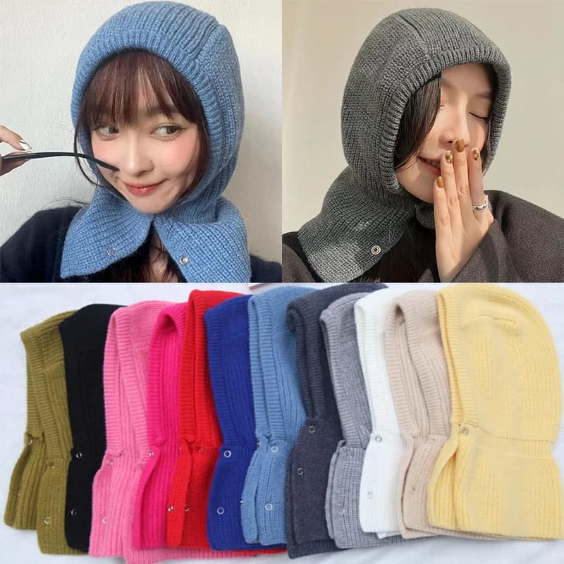 Cappello Balaclava Coreano Y2K da Donna, Berretto con Cappuccio e Sciarpa, Caldo Cappello Invernale Lavorato a Maglia con Paraorecchie, Copricapo alla Moda per Ragazze