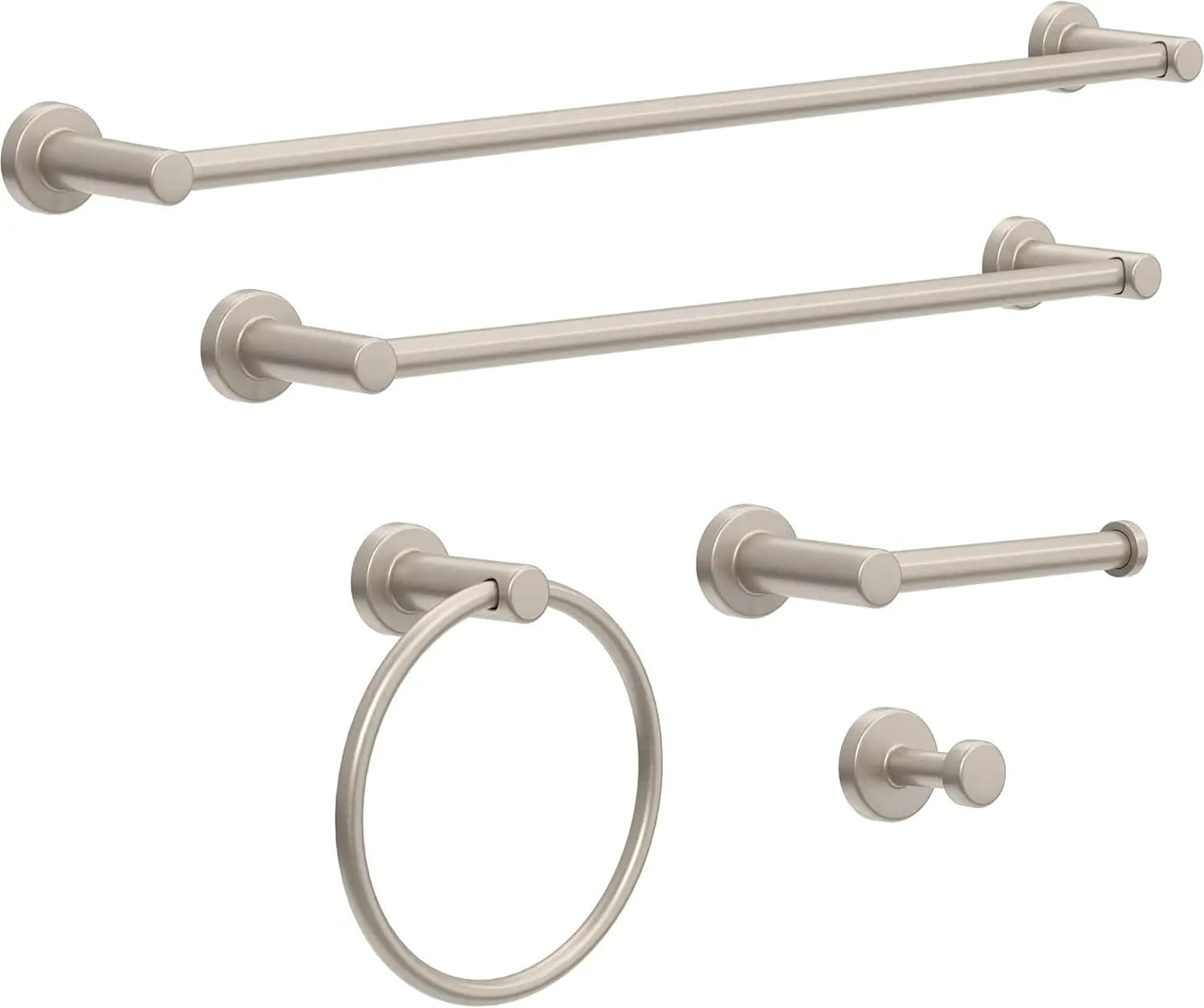 Set da Bagno 5 Pezzi SpotShield in Nichel Spazzolato: Portasciugamani da 18 e 24 Pollici, Porta Carta Igienica, Anello, Gancio