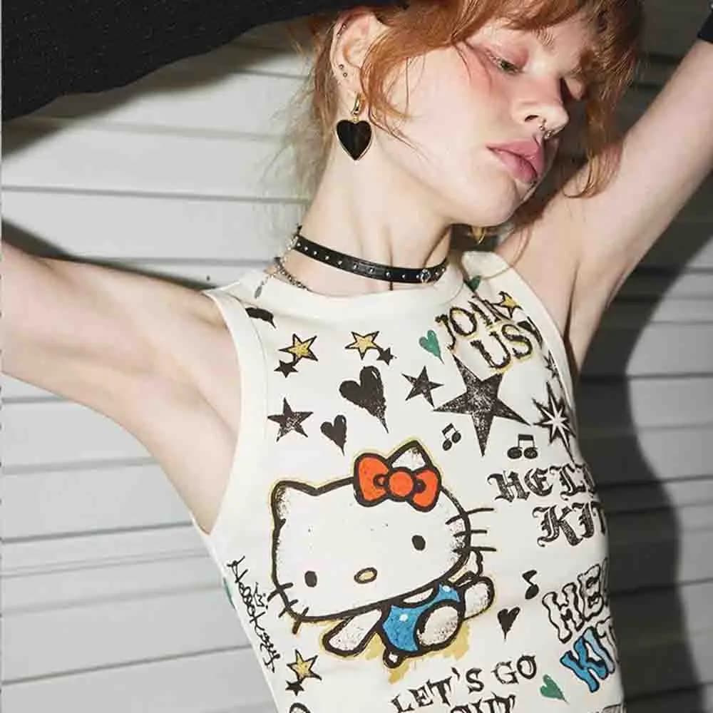 Top corto estivo da donna Sanrio Hello Kitty con lacci, stile Y2K, Hejing Street, Spicy Girl, cartone animato, anime, alla moda, con ombelico scoperto, idea regalo.