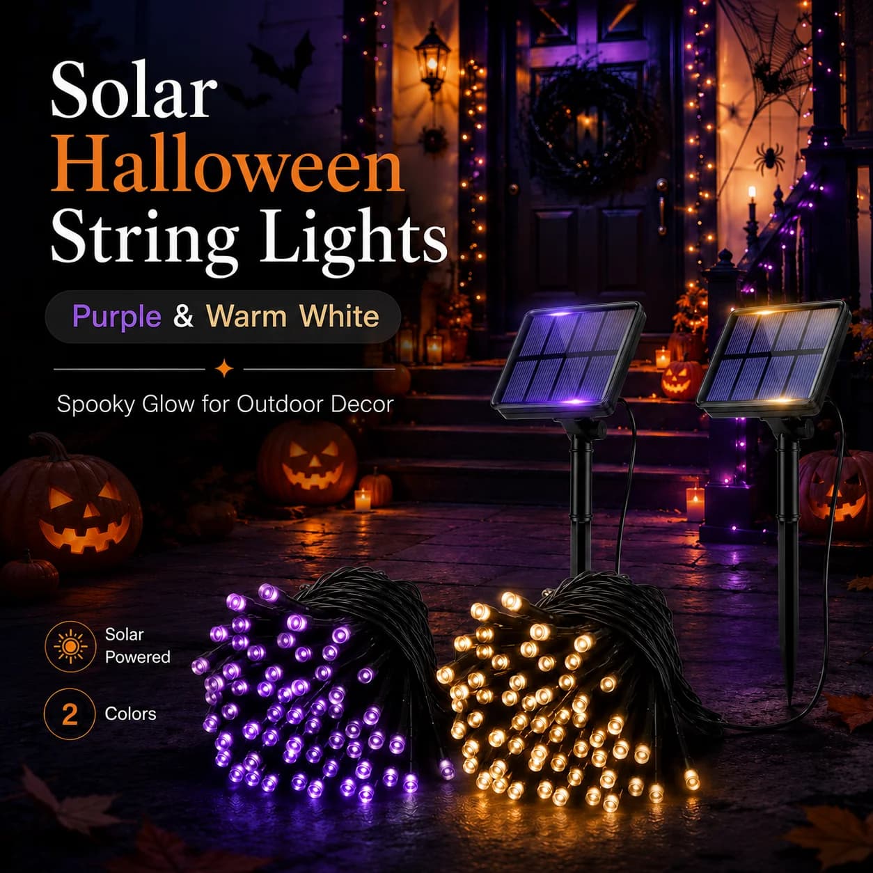 Solar Halloween String Lights Outdoor Purple Warm White Fairy Lights Garden Yard Patio Party Porch Fence Tree Holiday Decoration