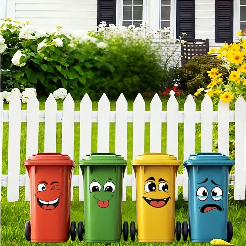 4 adesivi in PVC stampati in 2D con cartoni animati, decorazioni lucide per bidoni della spazzatura, set di adesivi divertenti per decorazioni domestiche a tema