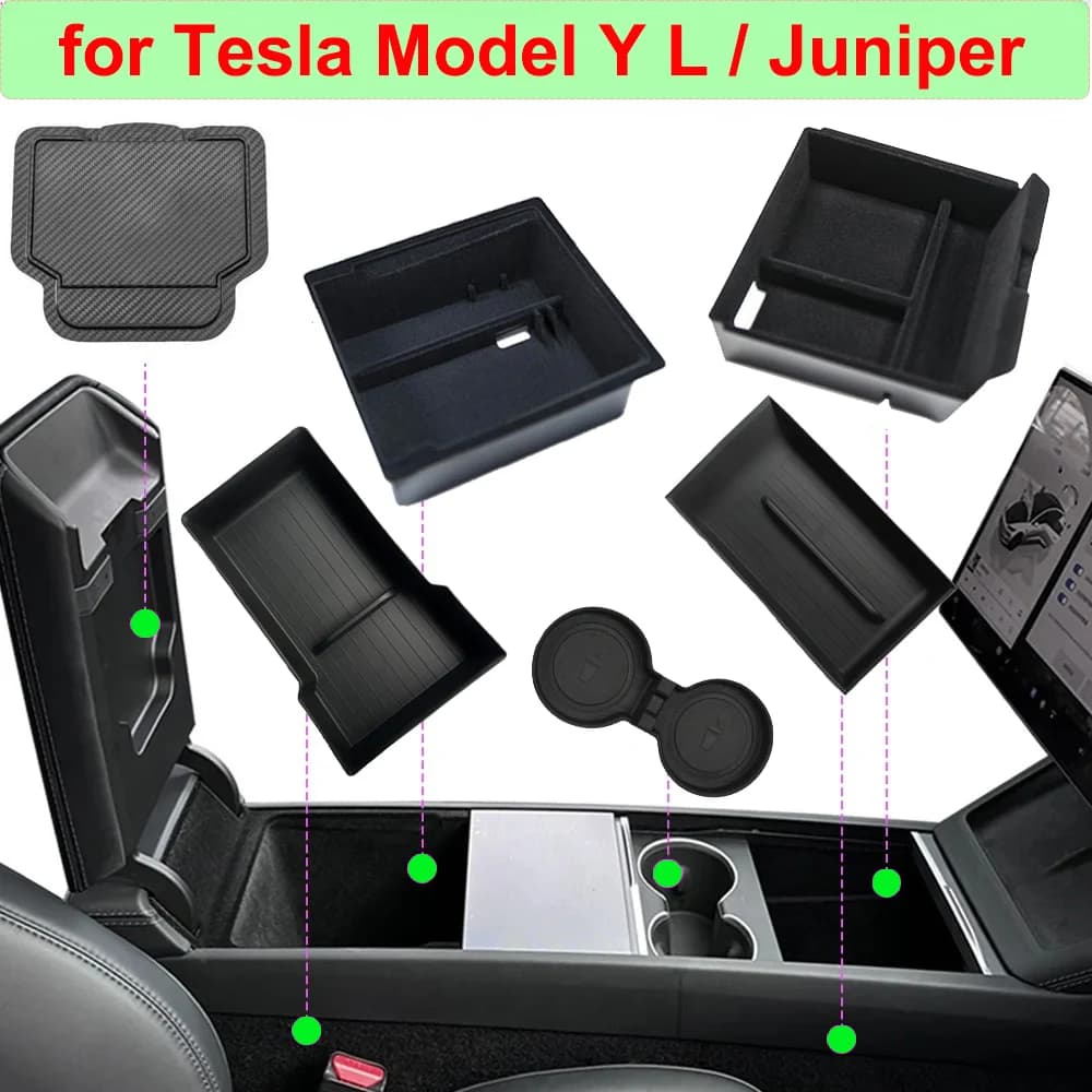 for Tesla Model Y L 2026 Accessories Flocking Center Console Organizer Storage Box YL Juniper Car Cup Mat Armrest Box Organizers