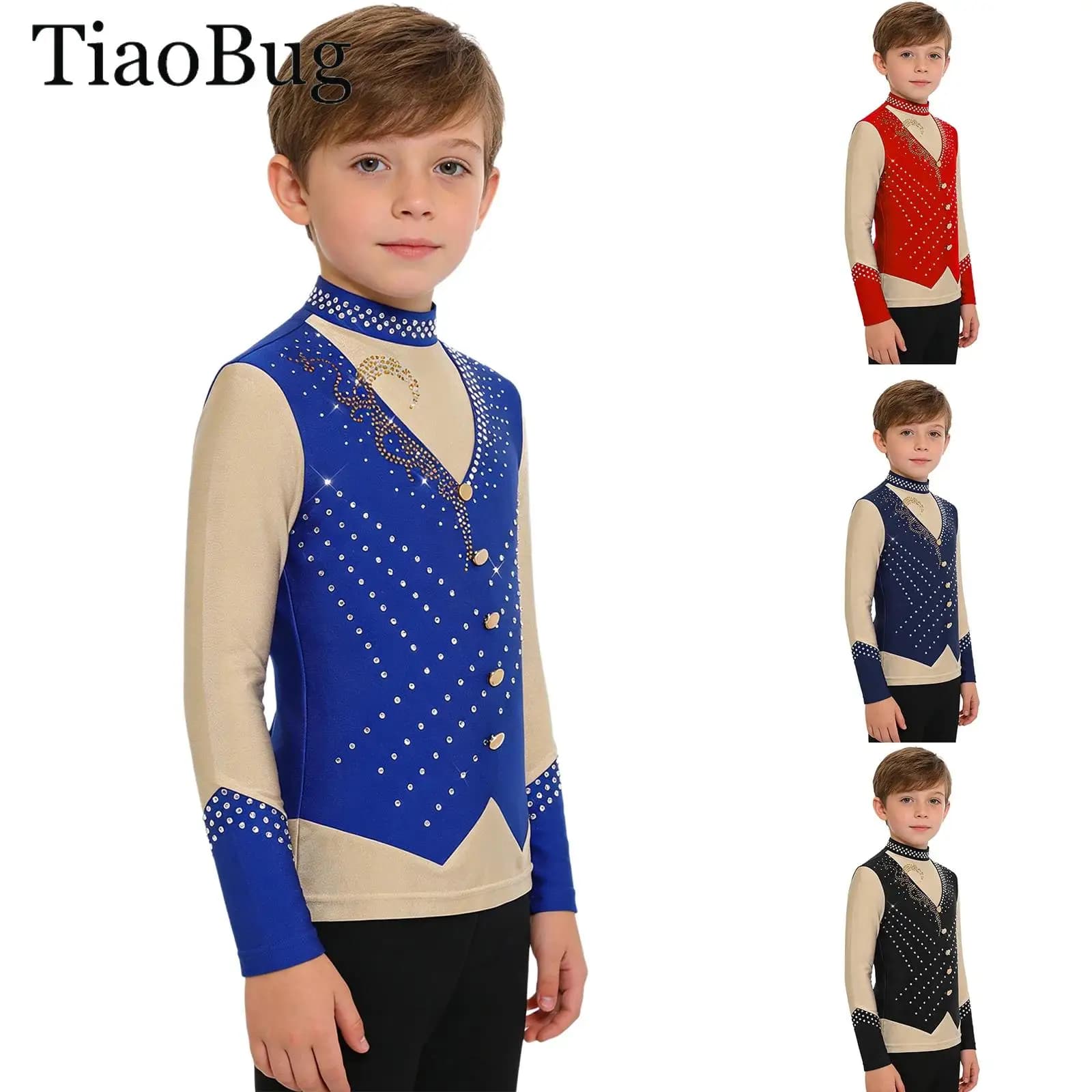 Maglietta da ballo per bambini e ragazzi, con strass, a maniche lunghe, per danza latina, pattinaggio artistico, ginnastica, balletto, salsa, tango