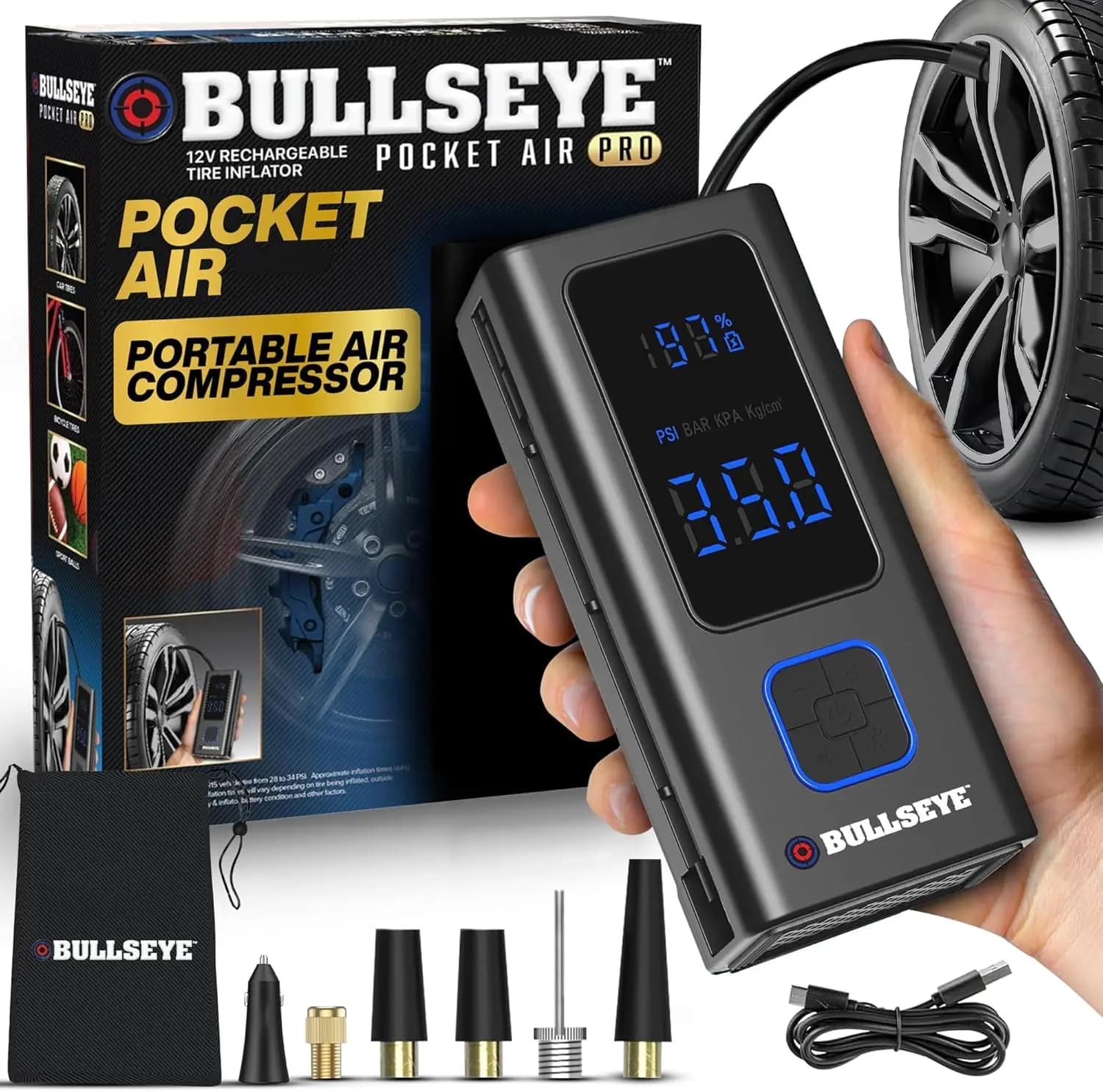 Compressore d'Aria Portatile con Spegnimento Automatico, 150 PSI, Ricaricabile Senza Fili per Auto e Biciclette
