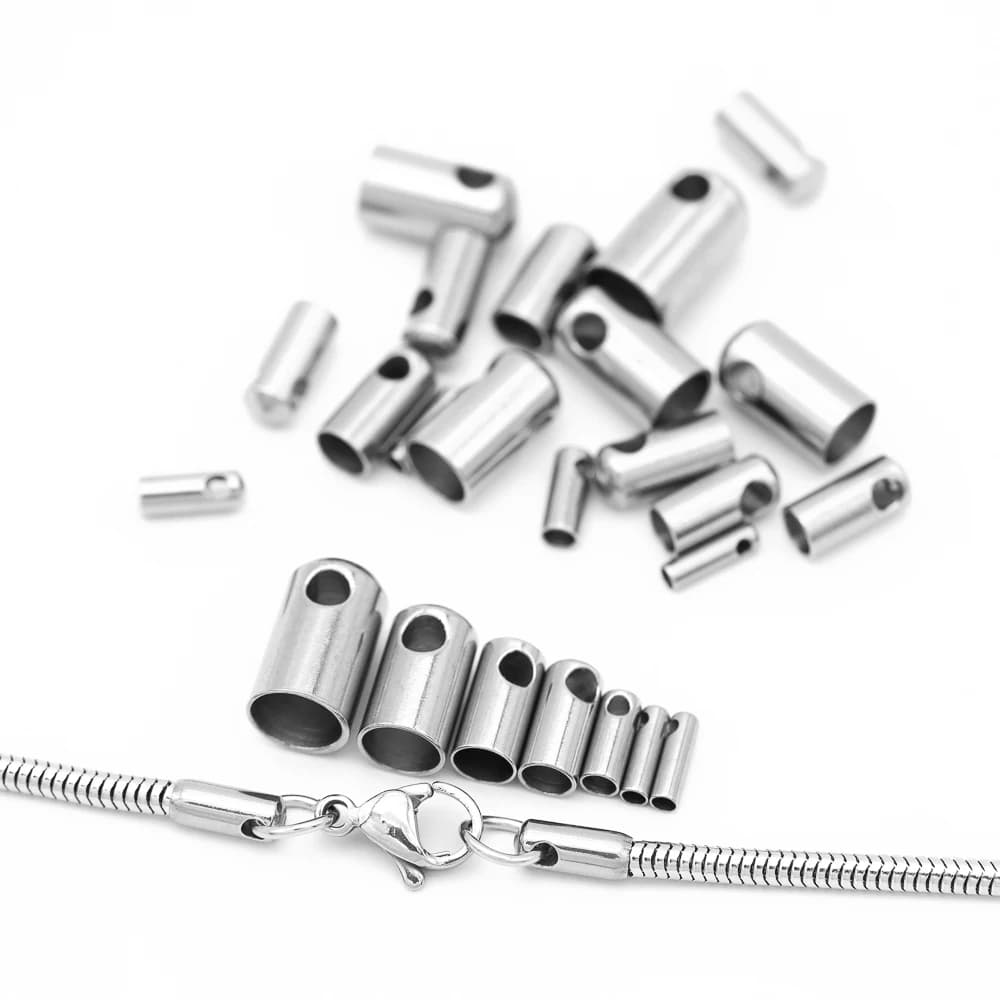 20 pezzi in acciaio inossidabile con punta terminale a colonna, fermagli a crimpare, connettore adatto per collana a catena a serpente, cavo in pelle, accessori per gioielli