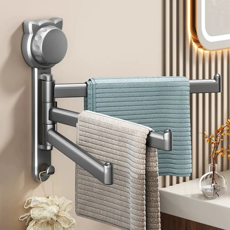 Swivel Towel Bar - Strong Suction Cup, 3-Arm, Folding Bathroom & Kitchen Towel Rack, Wall-Mounted, Nail-Free Installation