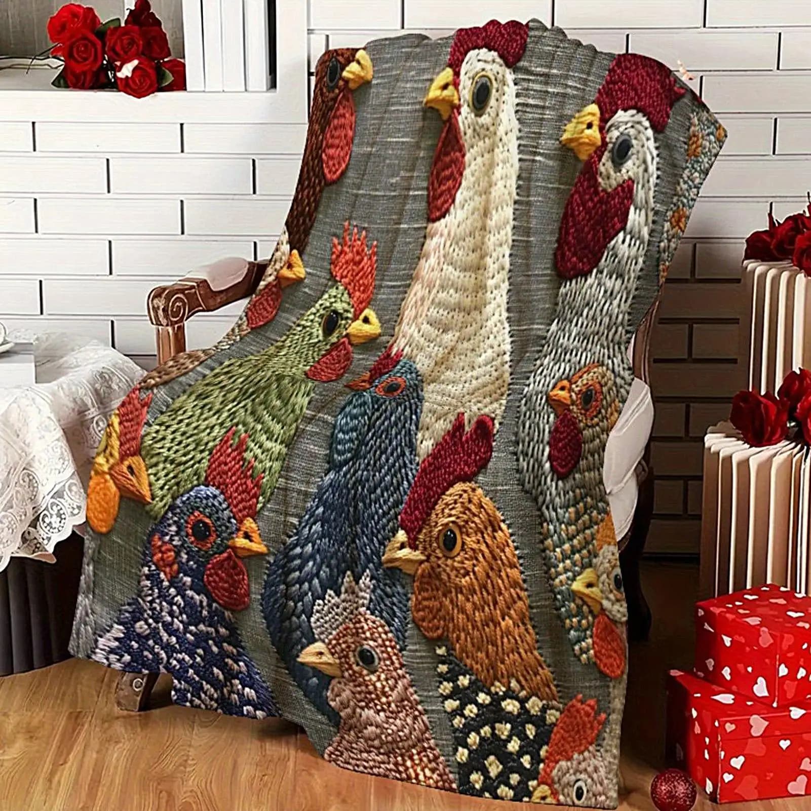 Coperta in pile vintage con gallo, morbida coperta in flanella con design a gallo, coperta accogliente per tutte le stagioni, portatile per letto, divano, campeggio