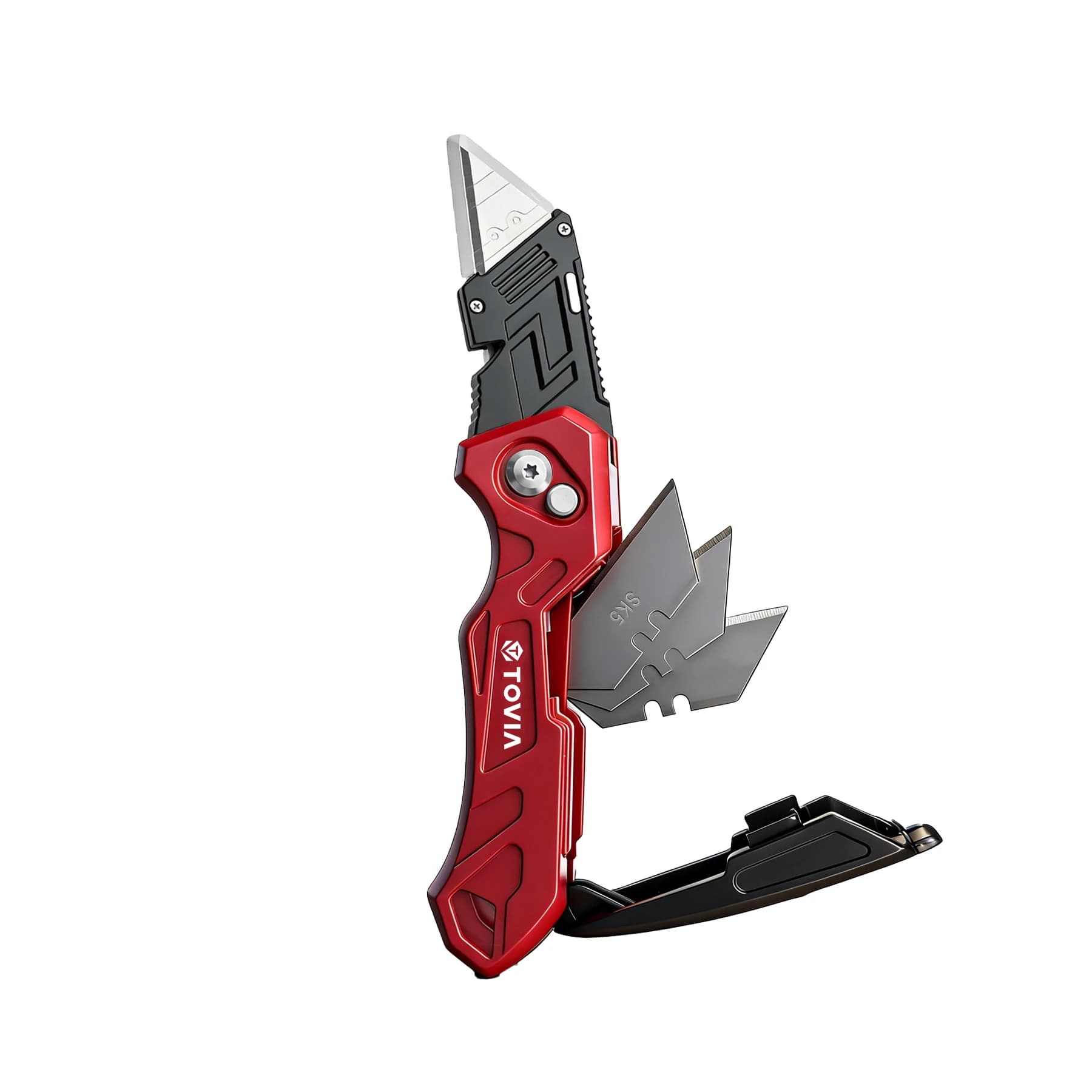 TOVIA folding multipurpose knife with storage blade - Quick change retractable box cutter, 3 extra blades with handle, aluminum body.