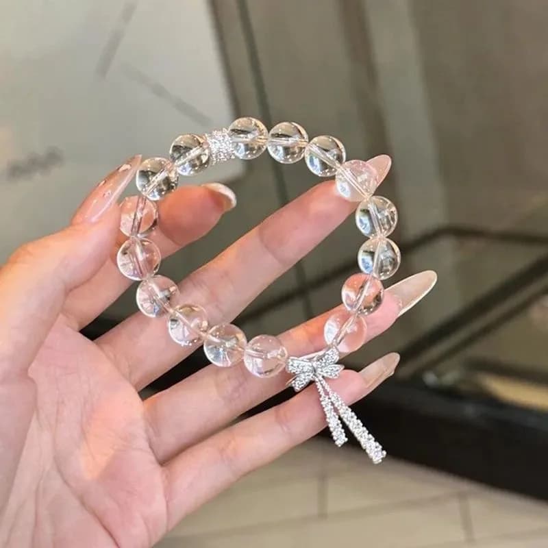 High Clarity White Artificial Crystal Bracelet - "love's Kiss" Single Strand Bracelet with Bow Accent - Exquisite, Stylish, and High-end