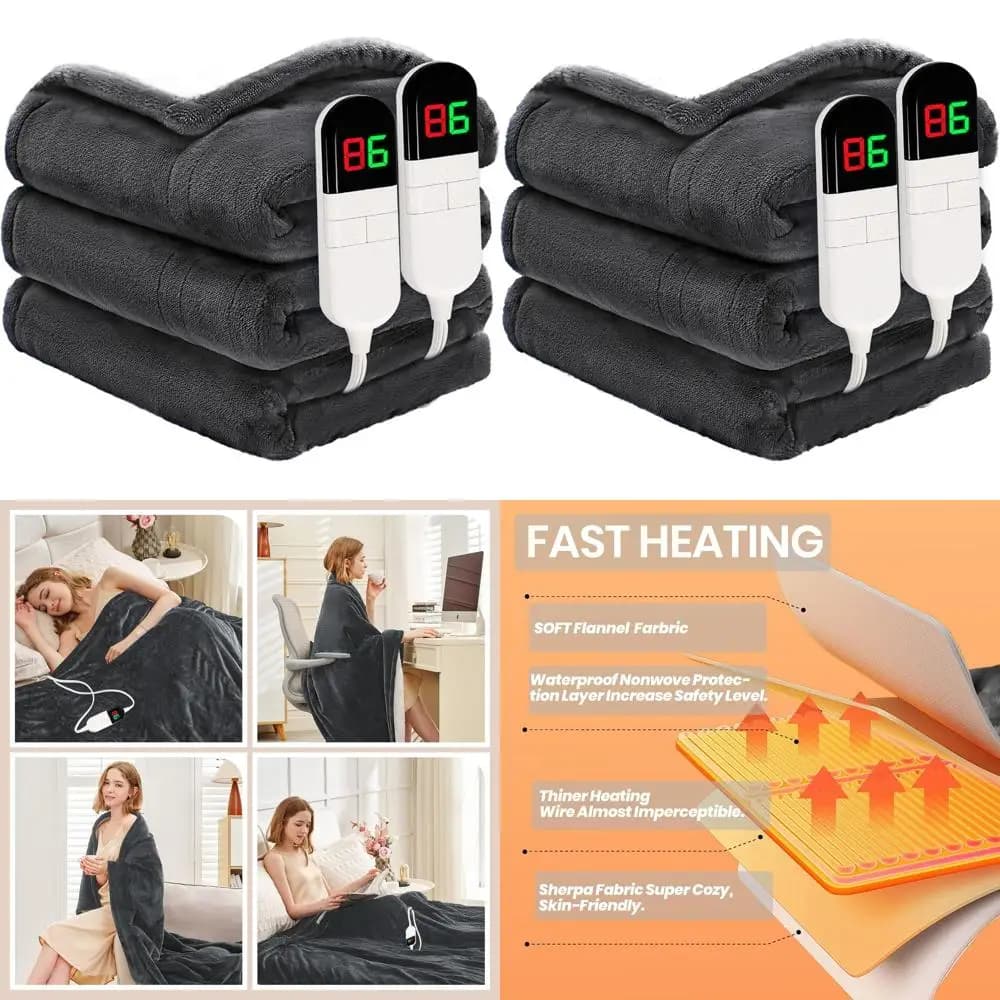 Coperta elettrica morbida Queen Size 84×90 con 6 impostazioni di calore, doppi controlli, spegnimento automatico e lavabile - Grigio