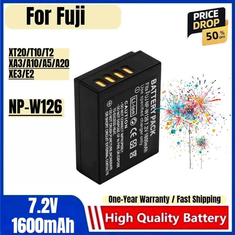 Batteria NP-W126 7.2V 1600mAh Ricaricabile e Caricabatterie per Fotocamere Fuji XT20/T10/T2 XA3/A10/A5/A20 XE3/E2
