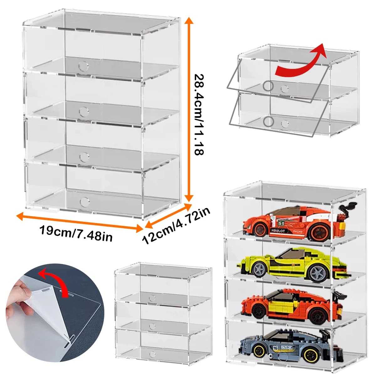 Vetrina multistrato in acrilico trasparente, modellino di auto, figura e scatola portaoggetti da collezione
