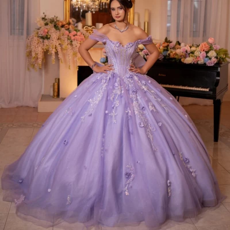Purple Quinceanera Dress Crystal 3D Flowers Decal Tull Layering Long Tail off-shoulder Bow Vestidos De 15 Quinceanera Customize