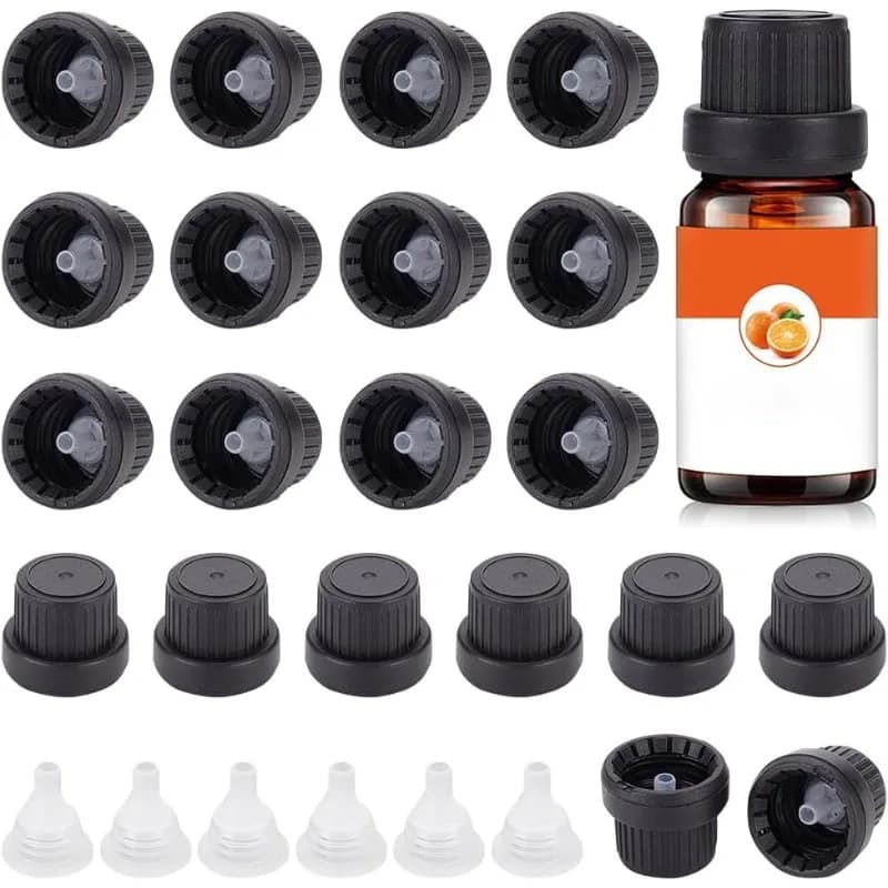 30 set tappo bottiglia Boston nero 18mm tappo bottiglia di ricambio in plastica a 18 denti con tappo interno tramoggia per bottiglia di olio essenziale