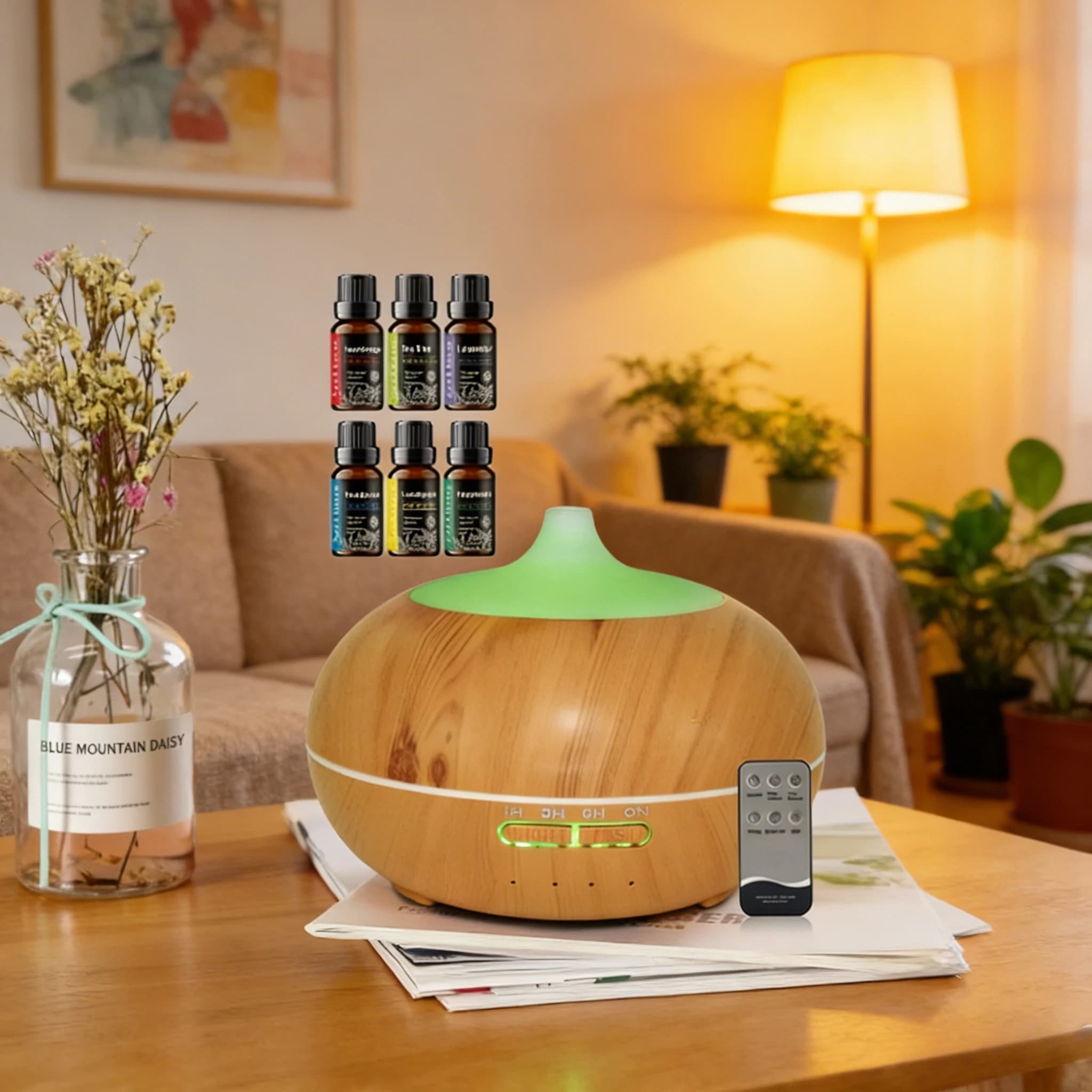 Diffusore di Aromi con Effetto Legno, Umidificatore USB, Purificatore d'Aria da Scrivania, Diffusore di Nebbia Fredda con Set di Oli Essenziali per Casa