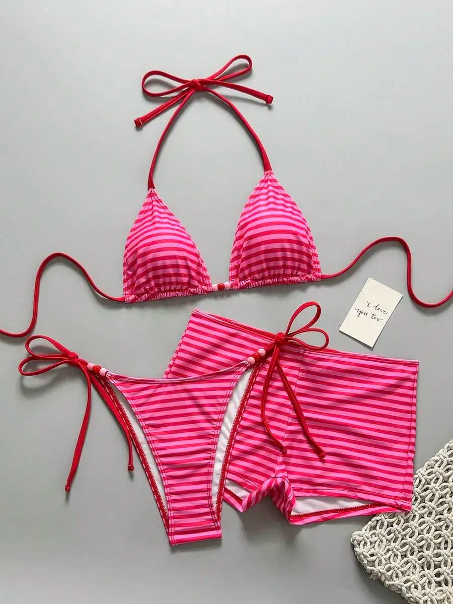 Set Bikini da Donna 3 Pezzi Rosa a Righe con Perline e Top Halter con Pantaloncini a Vita Bassa