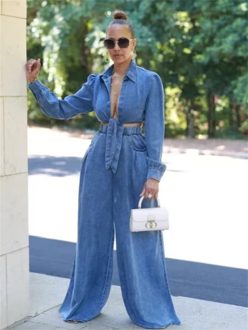 Fashion Denim 2 Piece Sets Women Outfit Fall Clothes 2024 Women Lace Up Shirt Crop Top Wide Leg Pants Sets Sweatsuits Woman Sets